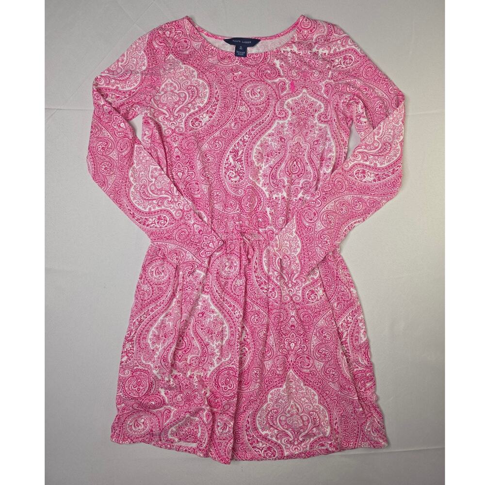 Ralph Lauren Girls pink and white paisley long-sleeve cotton dress Size XL(16)